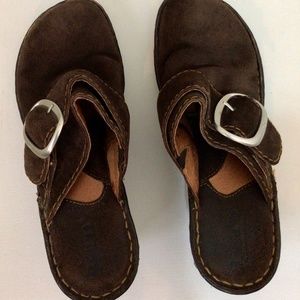 Born 2 inches mule Brown Leather Upper Leather/Suede with silver buckle Accent.